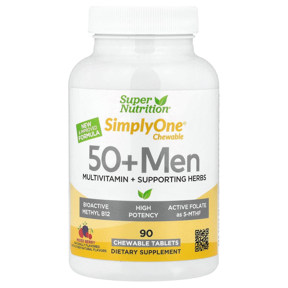 Super Nutrition, SimplyOne® Chewable 50+ Men Multivitamin + Supporting Herbs, Mixed Berry, 90 Chewable Tablets