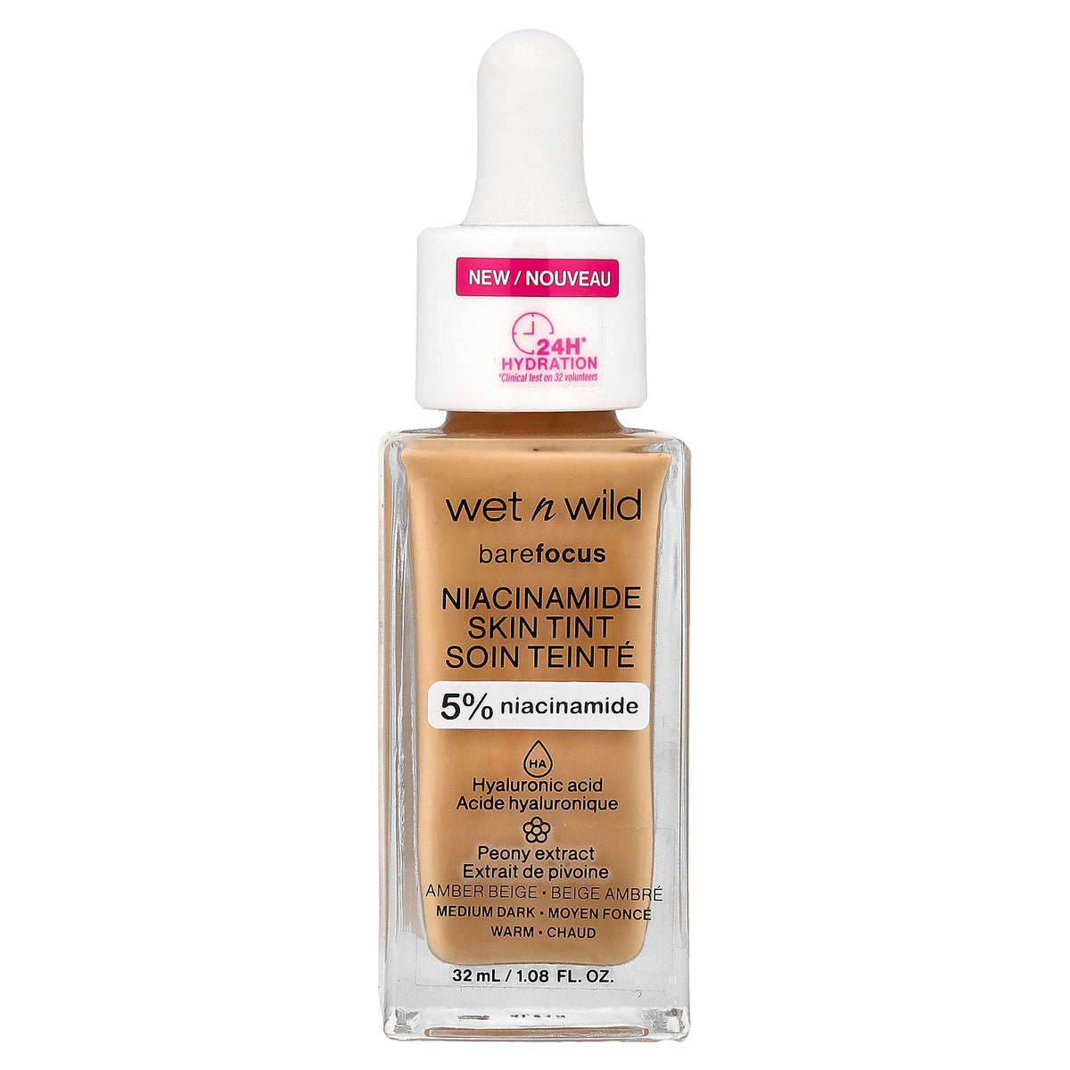 wet n wild, Barefocus, Niacinamide Skin Tint, 1116321 Amber Beige, 1.08 fl oz (32 ml)