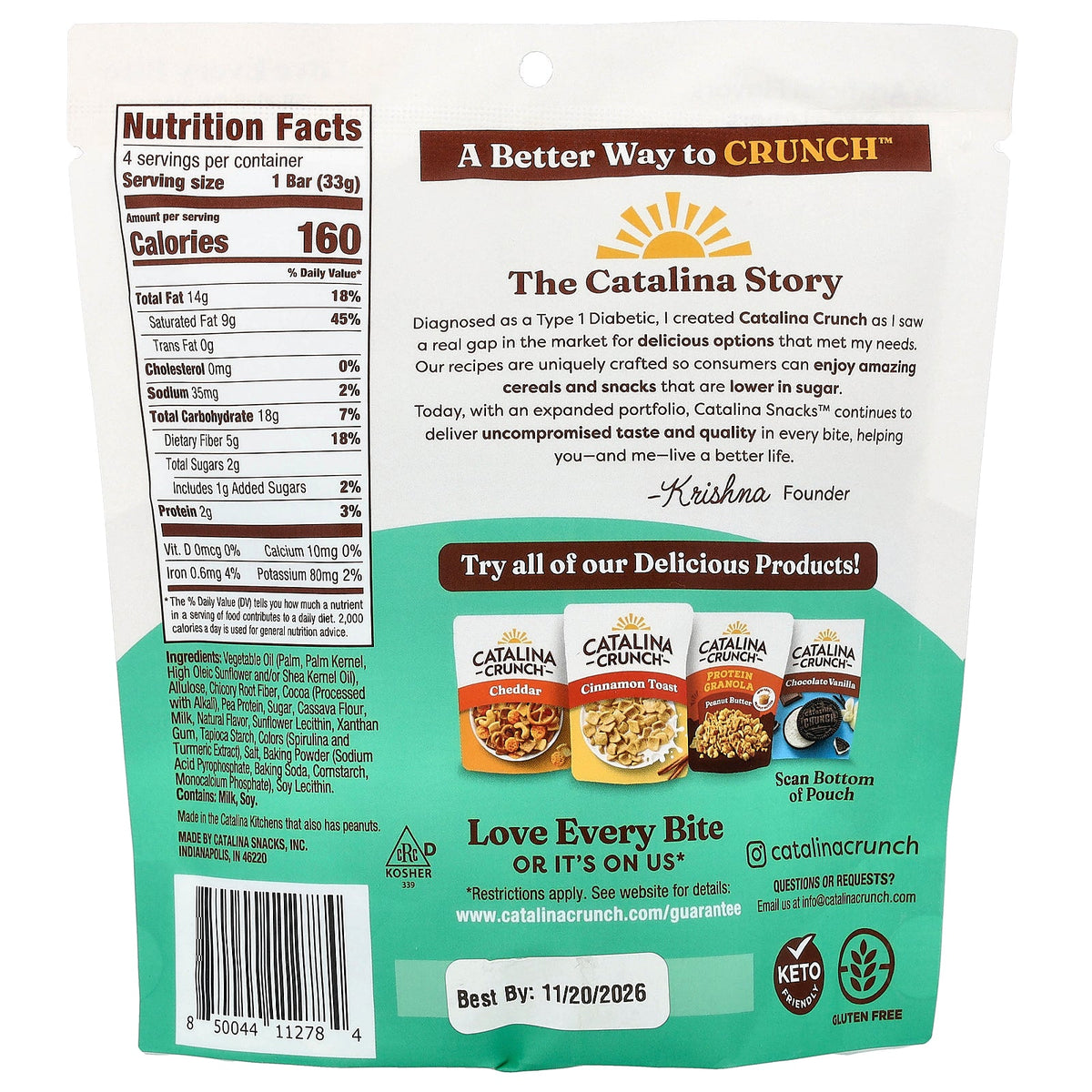 Catalina Crunch, Chocolate Cookie Bar, Mint, 4 Bars, 1.16 oz (33 g) Each