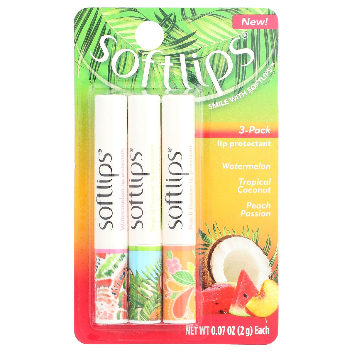 Softlips, Lip Protectant, Watermelon, Tropical Coconut, Peach Passion, 3 Pack, 0.07 oz (2 g) Each