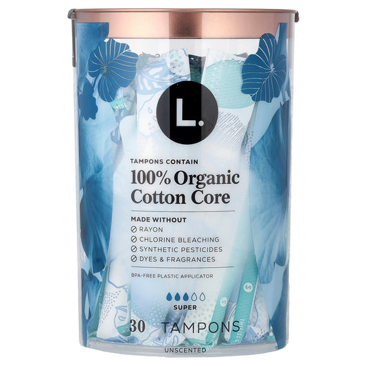 L., 100% Organic Cotton Core Tampons, Super, Unscented, 30 Tampons