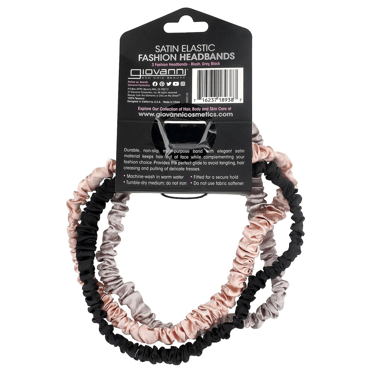 Giovanni, Satin Elastic Fashion Headbands, Blush, Gray, Black, 3 Headbands